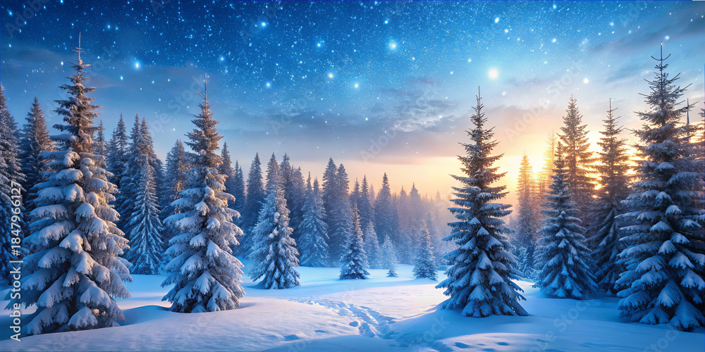 custom made wallpaper toronto digitalSnow-covered forest at sunrise with trees and bright starry sky in winter landscape