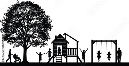 Family playground silhouettes illustration, children playing on swings and playhouse, parents supervising, park leisure scene with trees, black vector design