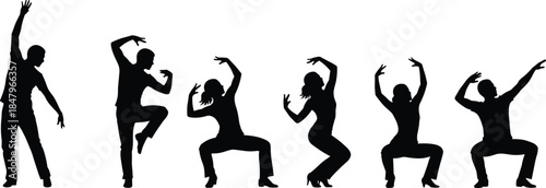 Collection of Ten Diverse People Silhouettes, Including Men and Women, Jumping High with Arms Raised, Symbolizing Freedom, Joy, Success, Celebration, Dynamic Energy, and Happy Excitement.