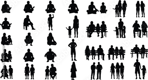 Family people silhouettes illustration, parents children seniors sitting standing poses, black human figures collection, isolated vector design for social, lifestyle, and community projects