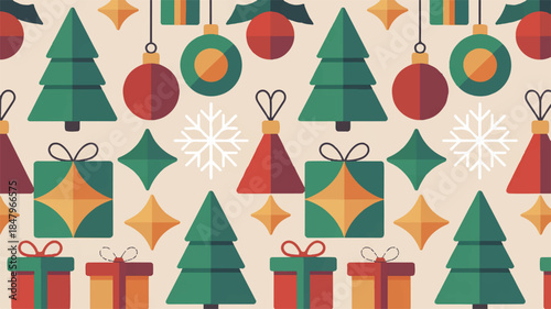 Seamless retro Christmas pattern featuring trees, ornaments, snowflakes, and gift boxes in a geometric, flat design aesthetic