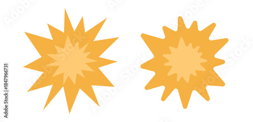 Explosion star burst blast icon vector comic humor style graphic illustration set, sale discount offer starburst bomb flash effect sign symbol, cartoon flare starburst splash isolated shape silhouette