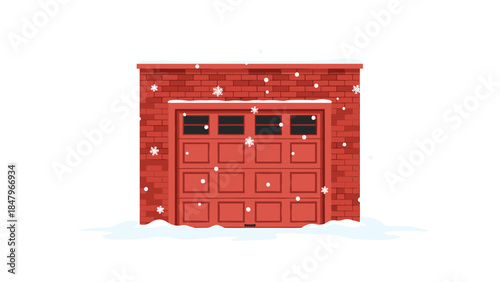Red brick garage door is covered in falling snow during a winter season, creating a cozy and festive atmosphere.