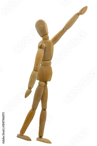 Wooden jointed figurine posed as if looking up and pointing