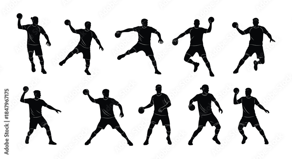 Fototapeta premium Silhouettes of people in dynamic poses seemingly playing or practicing a sport