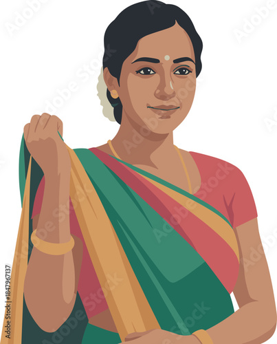 Smiling Indian woman in traditional saree vector illustration on white background