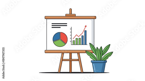 Business presentation on wooden easel with graphs and plant