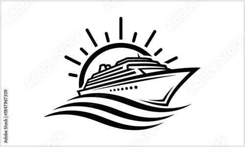 Cruise Liner Silhouette: A stylized monochrome representation of a cruise liner glides across the serene ocean, the sun rising above. A symbol of journeys and voyages.