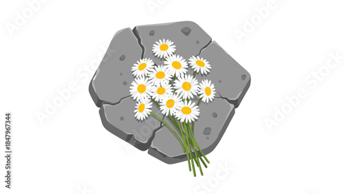 Delicate daisies bloom through fractured stone, symbolizing resilience and the beauty of life emerging from hardship and decay.