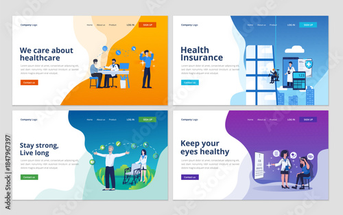 Healthcare and Health Insurance Landing Page Vector Set with Medical Illustration
