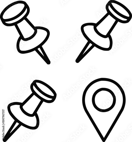 Office Push Pin Outline Icons Set  Minimal Stationery Vector Line Art