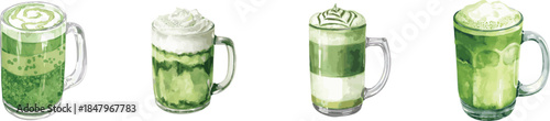 A watercolor illustration set of a frothy matcha green tea latte in a clear glass mug. The beverage features layers of green and is topped with white foam, isolated on white.