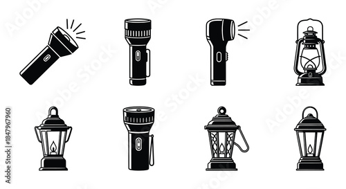 Collection of various black and white lantern and flashlight icons displayed