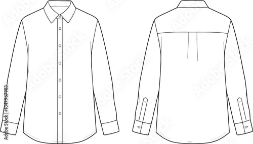 Mens long sleeve button down shirt technical flat sketch, front and back view, apparel fashion cad drawing vector illustration