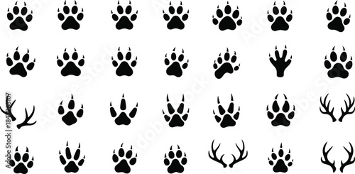 Wild animal tracks silhouettes set, paw prints and antlers collection, hunting wildlife signs, nature footprint icons, black vector illustration design symbols bundle