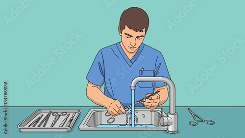 A healthcare professional diligently cleans surgical instruments under running water in a sink.