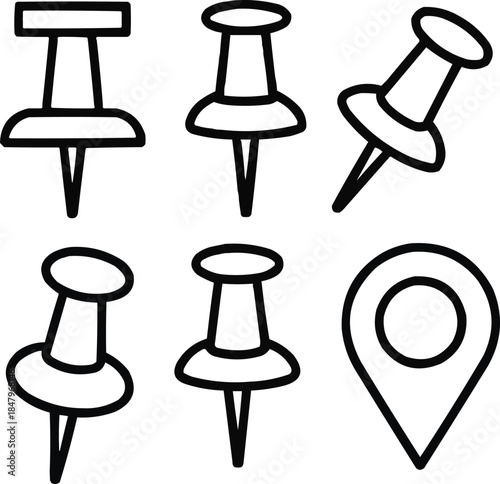 Office Push Pin Outline Icons Set  Minimal Stationery Vector Line Art