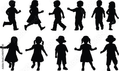 Children silhouettes set, boys and girls playing poses, childhood activity collection, happy kids movement scenes, black vector illustration icons
