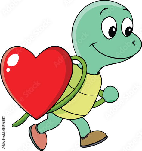 Funny Retro Turtle Character Carrying Huge Valentine Heart Slowly Vector