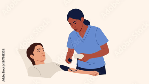 Nurse checks patient blood pressure during a medical examination in a healthcare setting.
