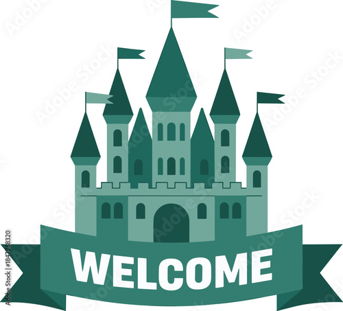 Welcome Castle Emblem Vector Illustration with Ribbon Banner