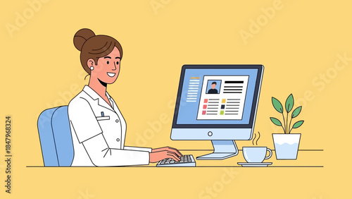 Doctor working on computer displaying medical records on screen with keyboard and coffee nearby