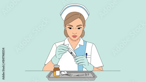 Focused nurse carefully prepares a medical syringe for injection in a healthcare setting, showcasing meticulous attention to patient care.