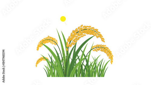 Golden rice stalks sway gently in a field with a bright yellow sun shining above, representing a bountiful harvest.