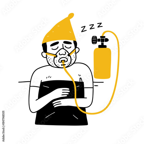 Man sleeping peacefully with oxygen tube and mask on face