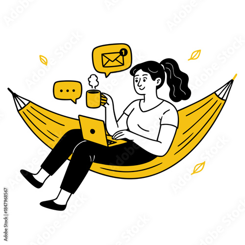Relaxed woman working remotely on laptop in comfortable hammock