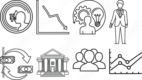 Business strategy session with graphs and icons illustrating finance, analysis, and teamwork