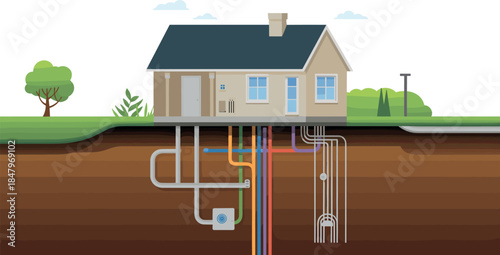 Smart Home Vector Illustration with Underground Utility System and Energy Connections