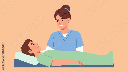 Caring nurse attends to a male patient lying in a hospital bed, symbolizing compassion and recovery