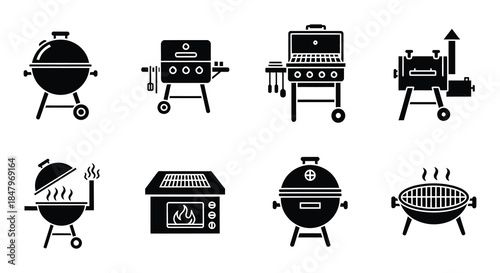 Variety of grilling equipment icons barbecues smokers and portable grills displayed