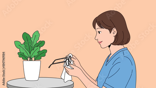 Young Woman Carefully Cleaning Her Eyeglasses with a Cloth, Ensuring Clear Vision