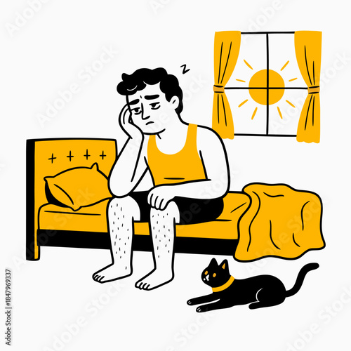Man feeling tired sitting on bed with cat