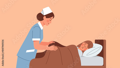 Nurse providing comforting care to a sleeping patient in bed during recovery