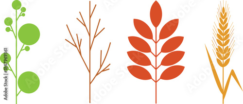 Minimal Plant and Grain Icons Illustration Featuring Leaves, Branches and Wheat Symbols for Agriculture, Nature and Botanical Graphic Design Concepts