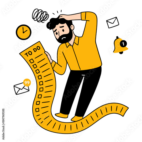 Overwhelmed businessman struggling with long to-do list and deadlines