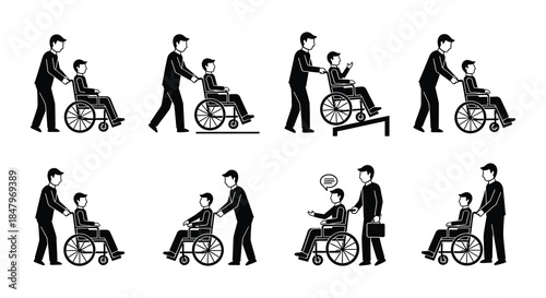 Accessibility and inclusivity depicting assistance to individuals using wheelchairs