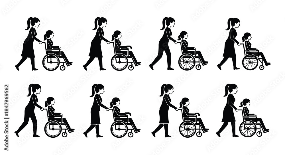 Fototapeta premium A series of silhouettes depicting a person assisting another in a wheelchair