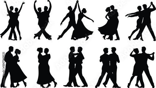 Ballroom dancing couples silhouettes vector illustration showing elegant partners performing classic dance poses, romance, movement, graceful performance concept