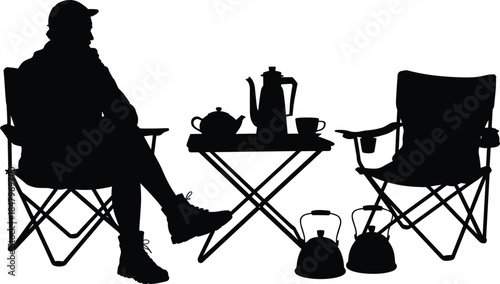 Camping silhouette vector with person, folding chairs, and outdoor table setup for lifestyle, nature, and leisure illustration themes.