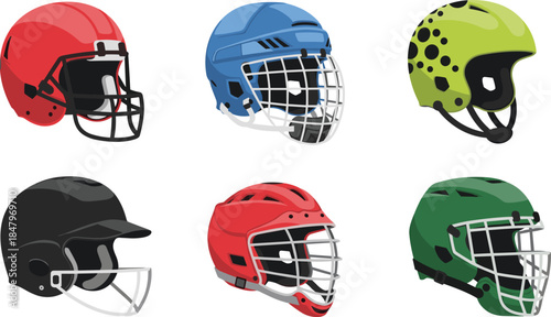 Protective Sports Helmet Collection Illustration Featuring Football, Hockey and Extreme Safety Headgear Designs Isolated on White Background
