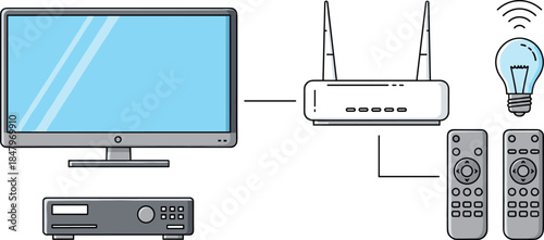 Smart Home Entertainment and Automation Illustration Featuring Television, Router, Wireless Light and Remote Controls Connected in Modern Digital Living Setup