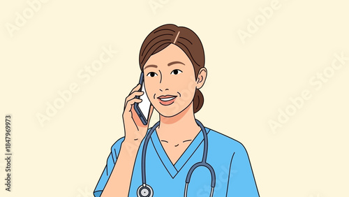 Smiling nurse in blue scrubs holding a mobile phone to her ear, stethoscope around her neck, illustrating medical communication.