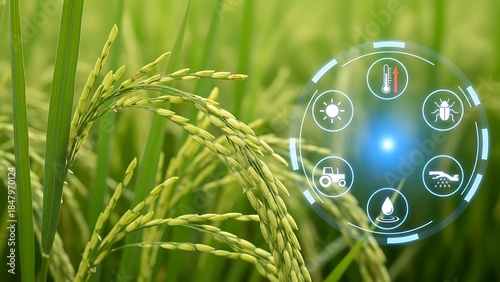 Smart agriculture technology concept featuring rice plants with digital monitoring interface for temperature irrigation pest control and sunlight utilizing internet of things and data analysis
