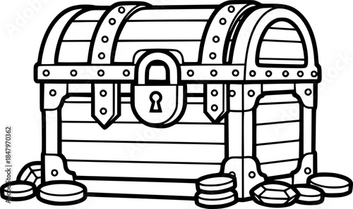 Pirate Treasure Chest Vector Outline Adventure Illustration for Children Coloring Book Design
