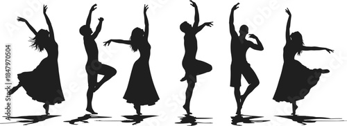 Dance silhouette poses, expressive movement, black figures, artistic gesture, minimal design, choreography stance, graceful posture, performance energy, costume variation, rhythm