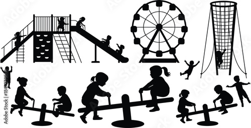 Children playground silhouettes vector illustration featuring kids playing on slides, swings, seesaw, ferris wheel, outdoor park fun concept